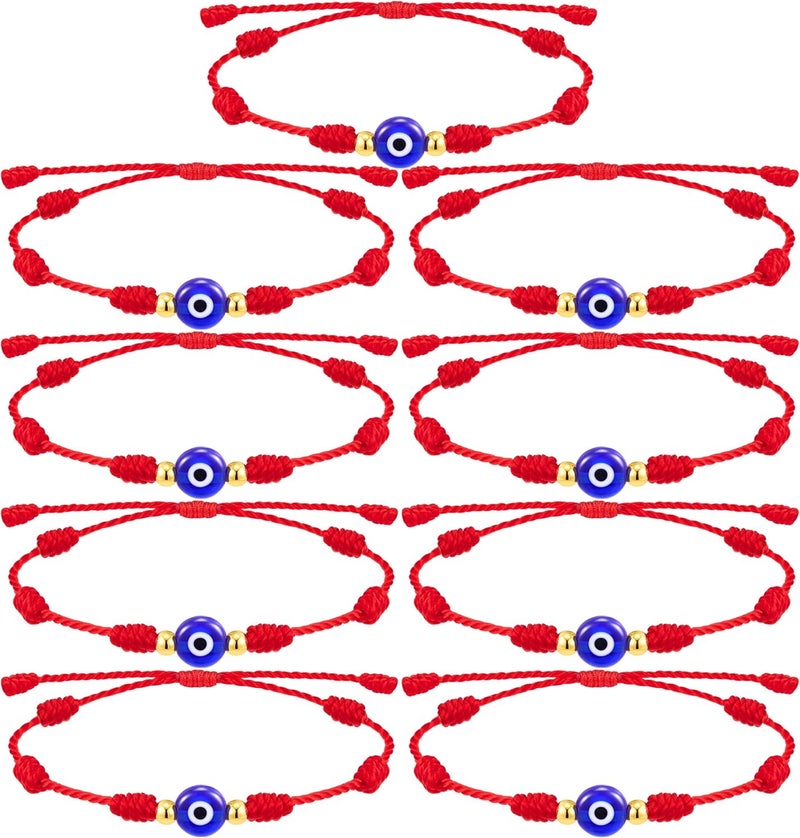Poxtex 9pcs Evil Eye 7 Knot Lucky Bracelets, Rakhi for Brother and Bhabhi Adjustable Red String Amulet for Women Men with Gold Bead, Protection Jewelry Hand Bracelet - Image 1